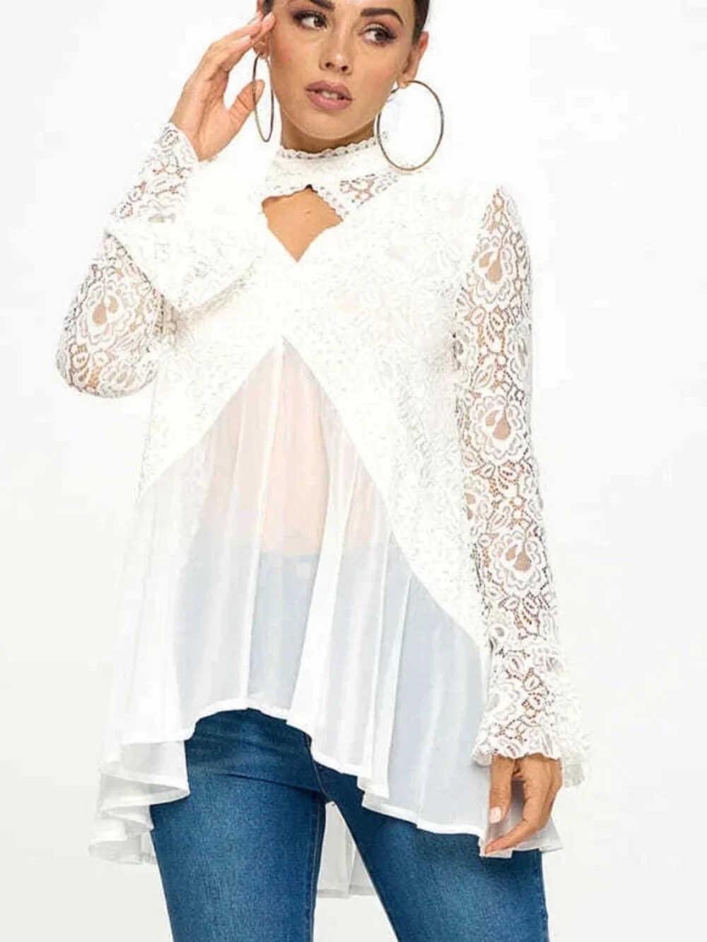 Oh Yes Flowy Lace Trim High Neck Keyhole Tunic Top Long Sleeve White New - Picture 4 of 14